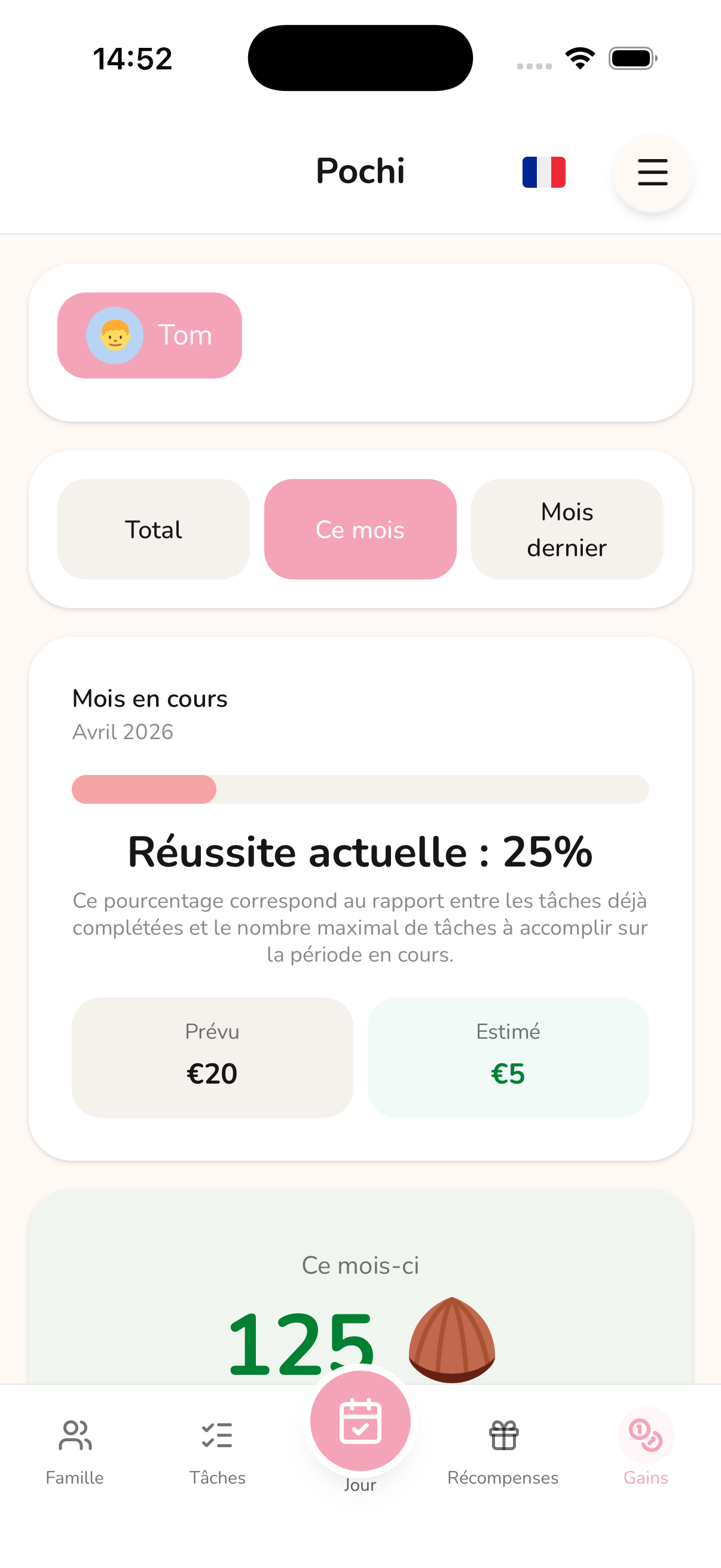 Écran de suivi des récompenses